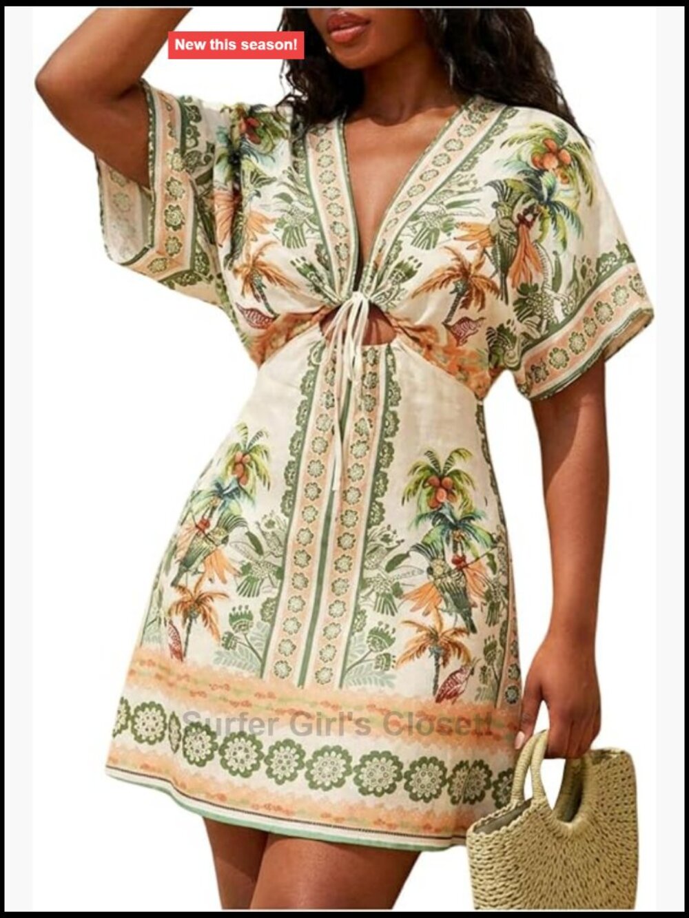 Women's Plus Size Boho Tropical Dress Deep V Neck Tie Front Short Sleeve A-Line